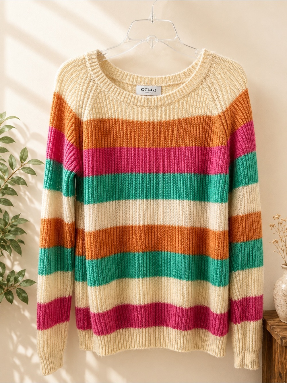 Gilli Cream Crewneck Sweater with Pink, Teal & Orange Stripes
